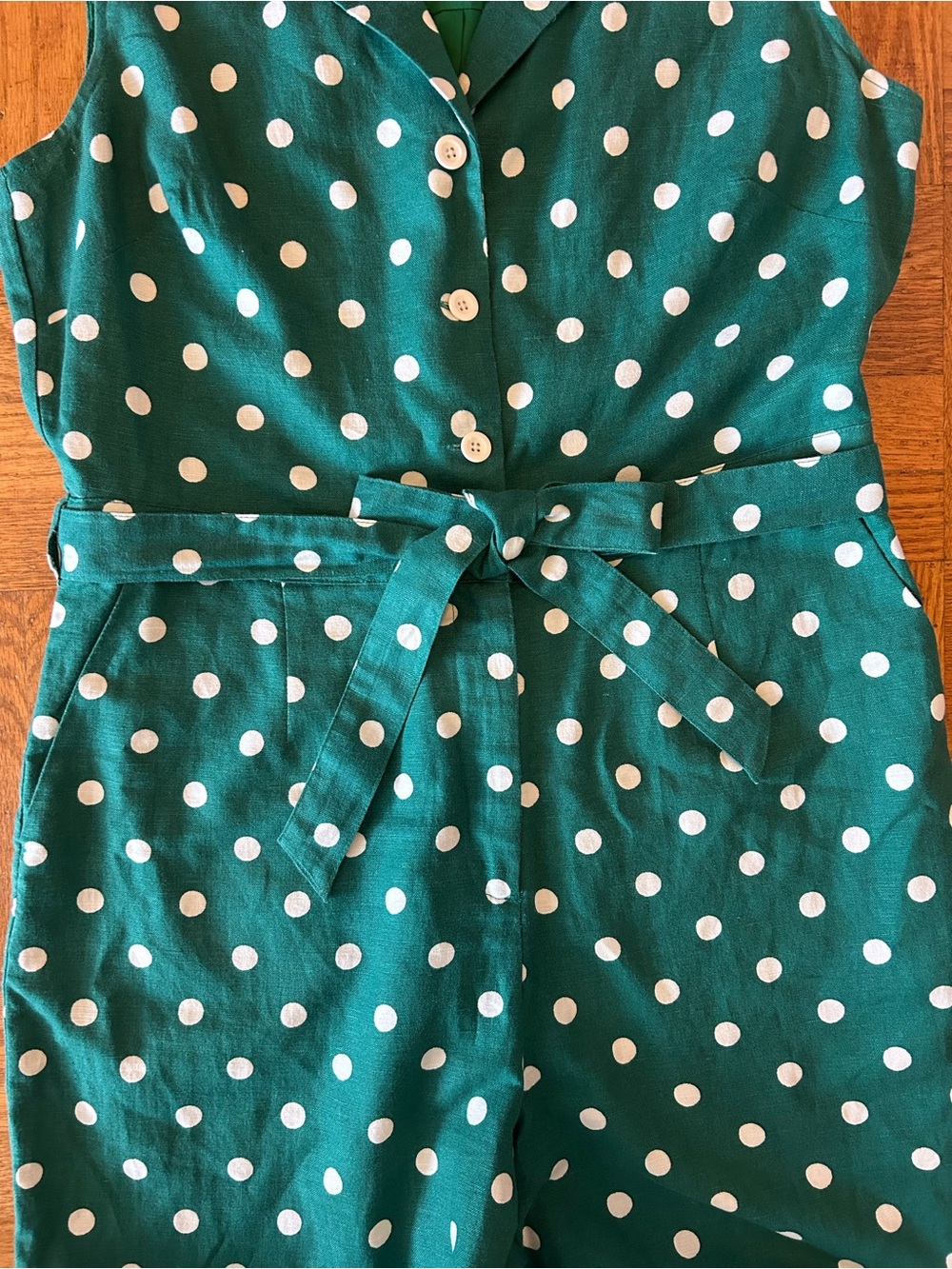 Boden Revere Collar Jumpsuit Green Polka Dot Cropped Wide Leg Sz 12 Sleeveless - Picture 6 of 9